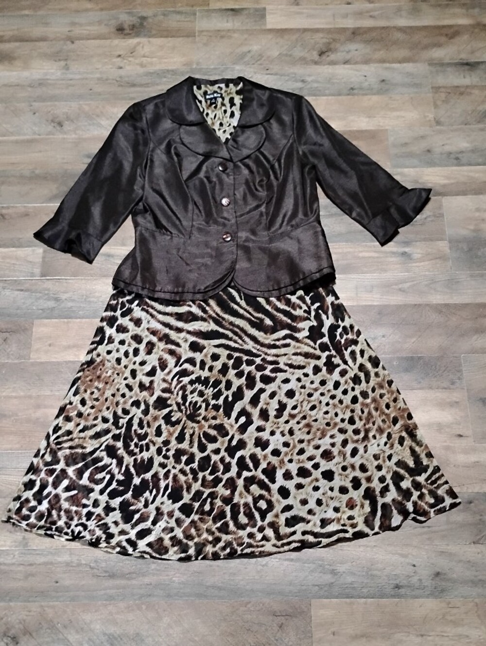 Dana Kay Brown Satin Jacket with Animal Print Skirt Set Women's Size: 12
